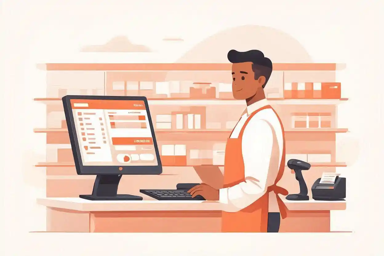 Ilustrasi pemilik toko mempraktikkan cara mengelola sistem kasir toko menggunakan komputer POS dengan scanner barcode di meja kasir